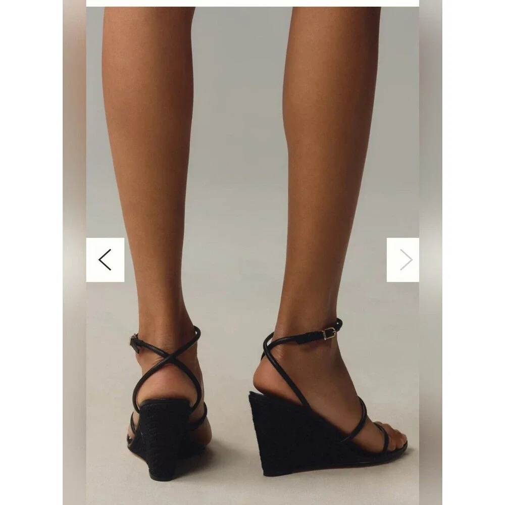 Anthropologie Strappy Black Textured Wedge Heels Size 11 Adjustable Buckle Sexy